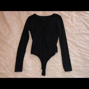 Cross-Cross V-Neck Black Bodysuit